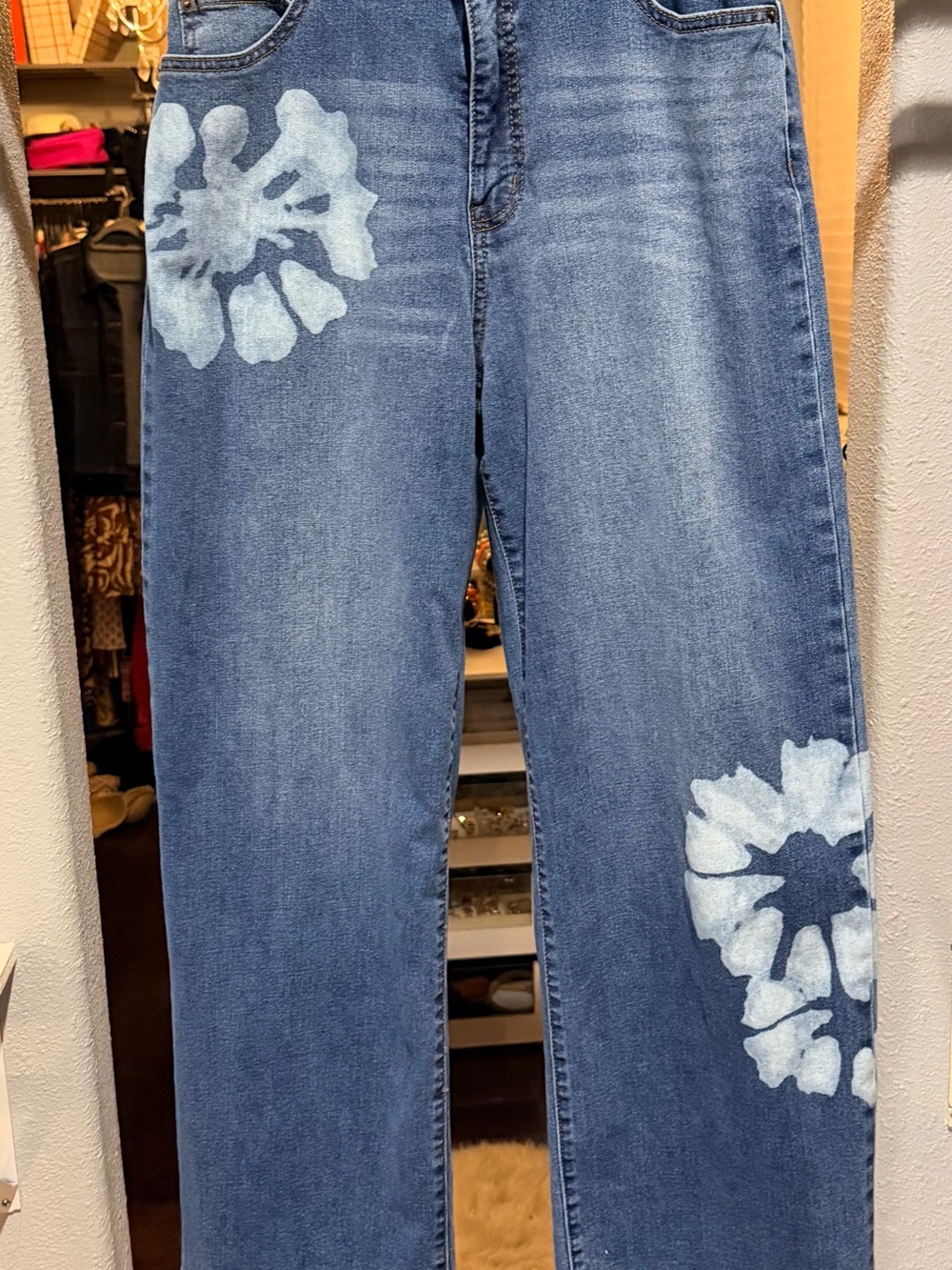 Jessica Simpson Blue Denim Boyfriend Wide Leg Jeans with Bleached Floral Accents